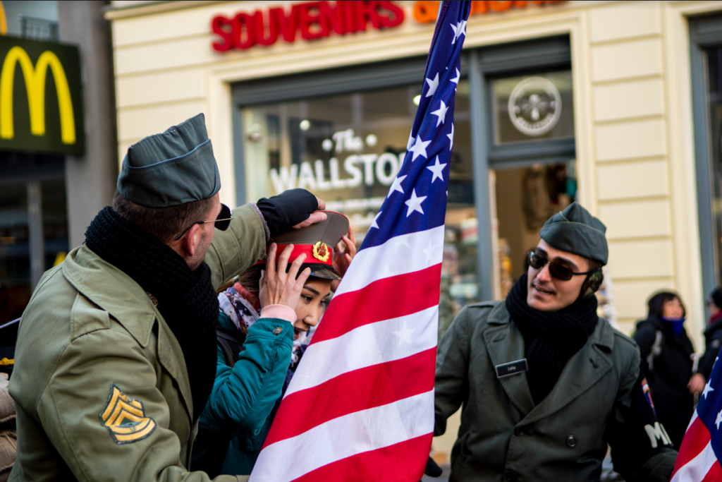 Berlin Checkpoint Charlie Soldiers Guards Woman Hat American Flag 