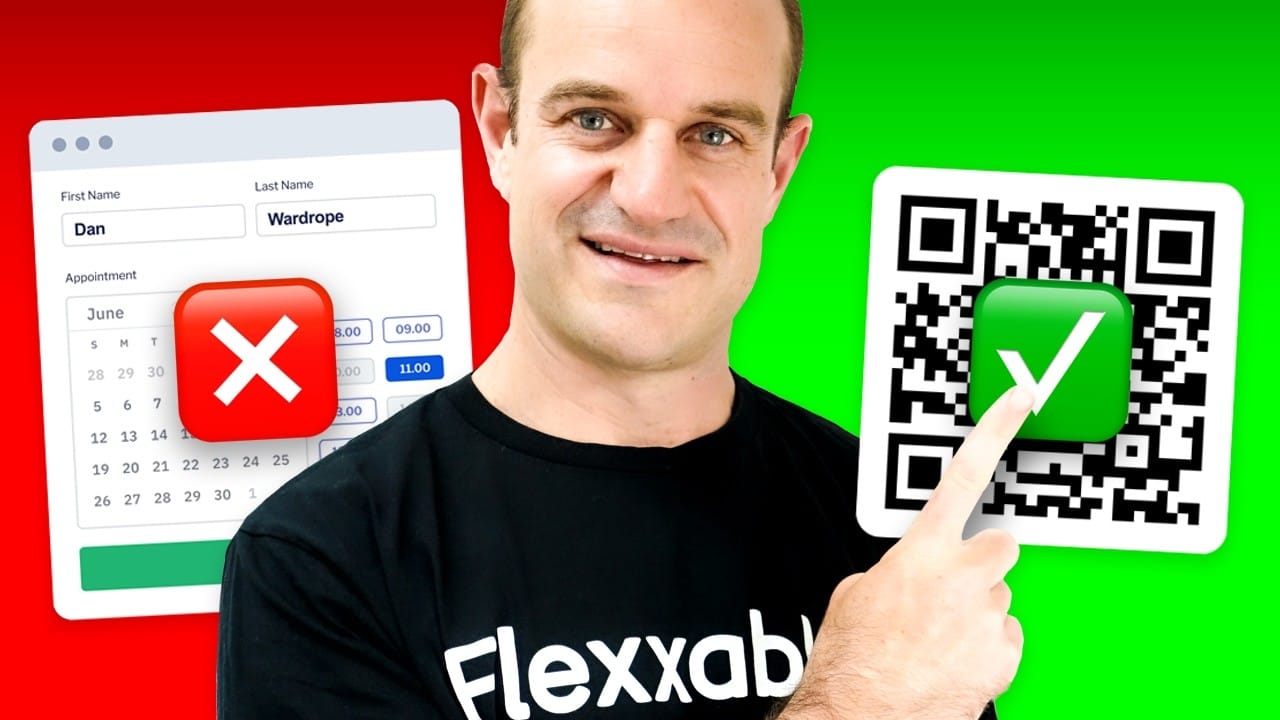 Man pointing at a QR code showing an AI demo funnel for closing clients in any niche